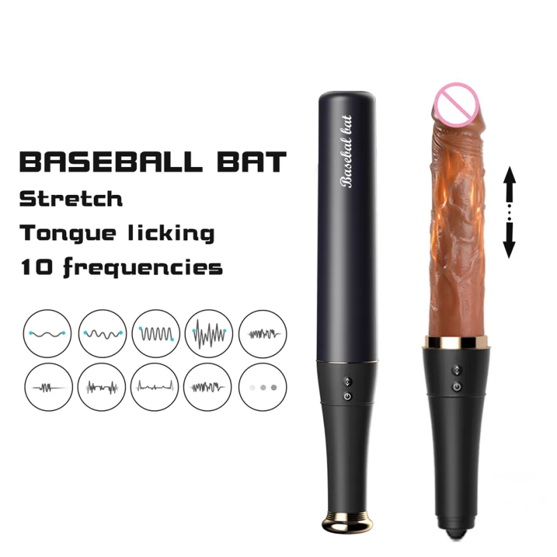 Baseball bat transforming into pink vibrator on wooden surface